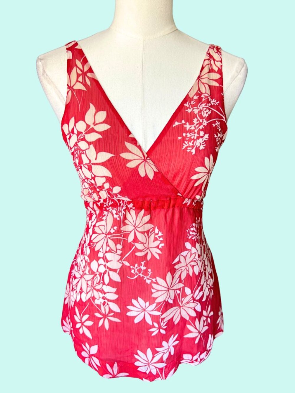 Y2K New York & Company Red Tropical Floral Surplice Tank